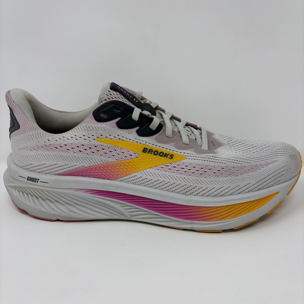Brooks Ghost 17 Womens Size 11.5 White Pink Yellow Running Shoes (1204311B070)